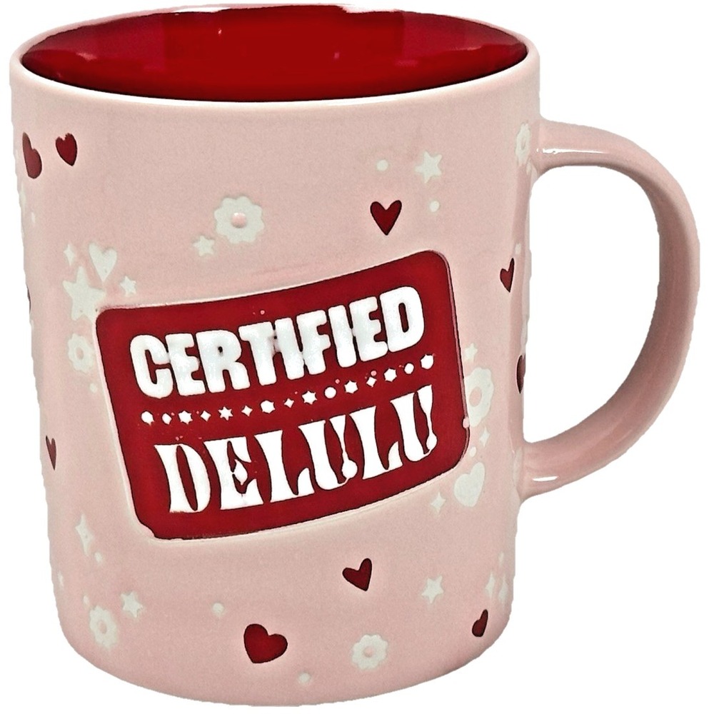 Certified Delulu Pink Coffee Mug Red Interior Hearts Cute Gift Cup